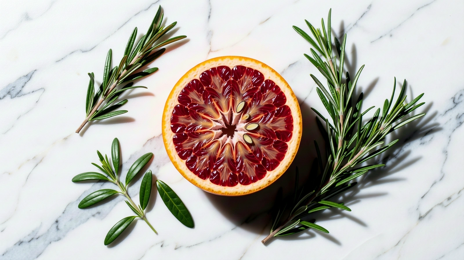Fresh blood orange and rosemary on marble